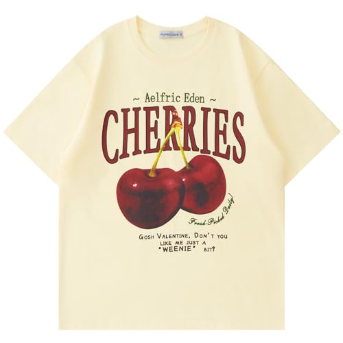 Aelfric Eden Oversized Graphic Tees Unisex Cherries Print T Shirts Casual Summer Short Sleeve Top Cotton Cute Tee Shirt