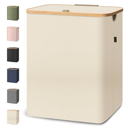 BALEINE Laundry Hamper with Lid, Tall Laundry Baskets with Bamboo Pull Handles, Large Laundry Bin with Internal Support (26 Gallon, Beige)