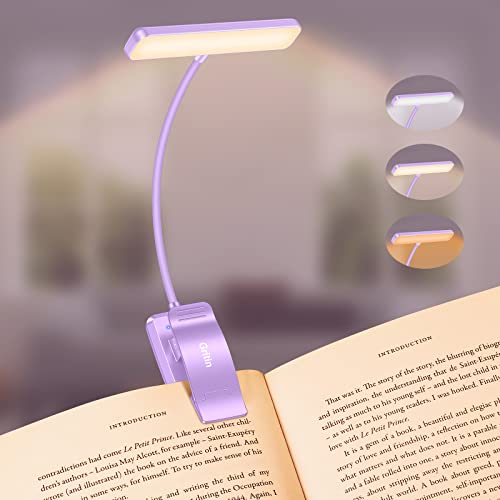 Gritin 19 LED Rechargeable Book Light for Reading in Bed with Memory Function- Eye Caring 3 Color Temperatures,Stepless Dimming Brightness,80 Hrs Runtime Lightweight Clip On Light for Book Lovers