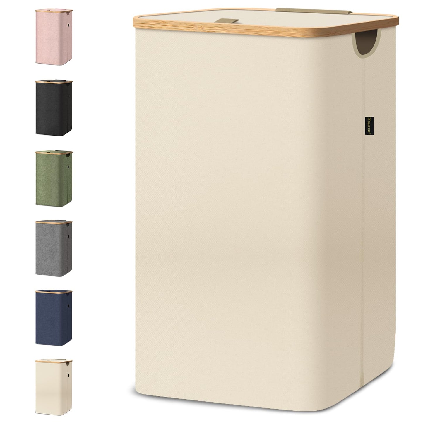 BALEINE Laundry Hamper with Lid, Tall Laundry Baskets with Bamboo Pull Handles, Large Laundry Bin with Internal Support (26 Gallon, Beige)