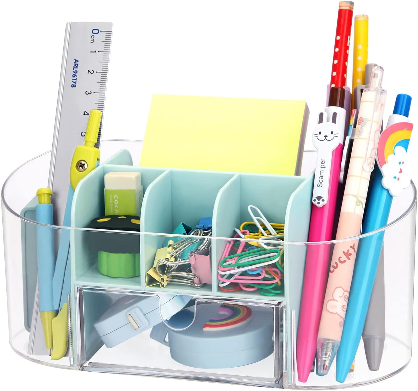 LETURE Clear Desk Organizer with drawer, Acrylic Pen Pencil Markers Holder, Clear Office Supplies and Accessories,Desktop Organizer for Room College Dorm Home School (Blue)