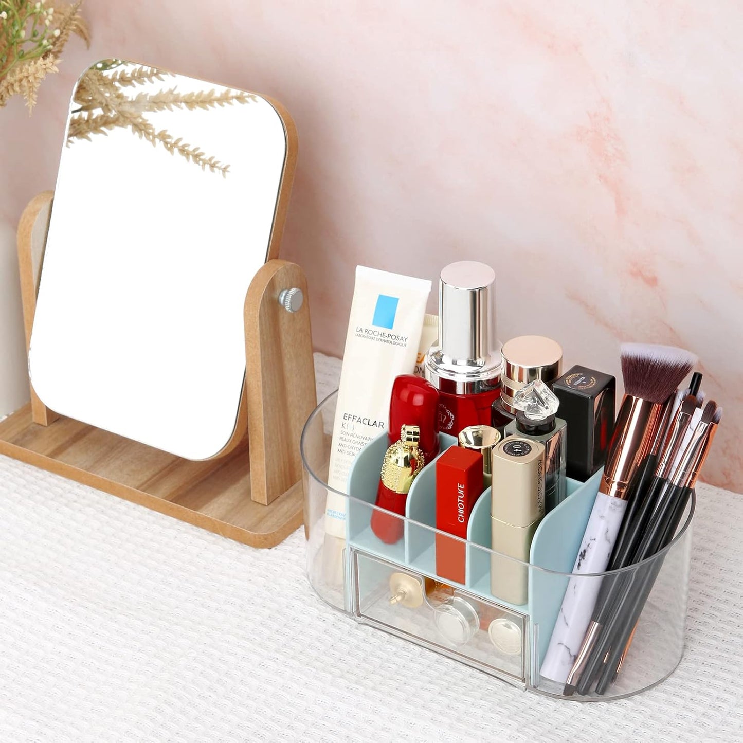 LETURE Clear Desk Organizer with drawer, Acrylic Pen Pencil Markers Holder, Clear Office Supplies and Accessories,Desktop Organizer for Room College Dorm Home School (Blue)