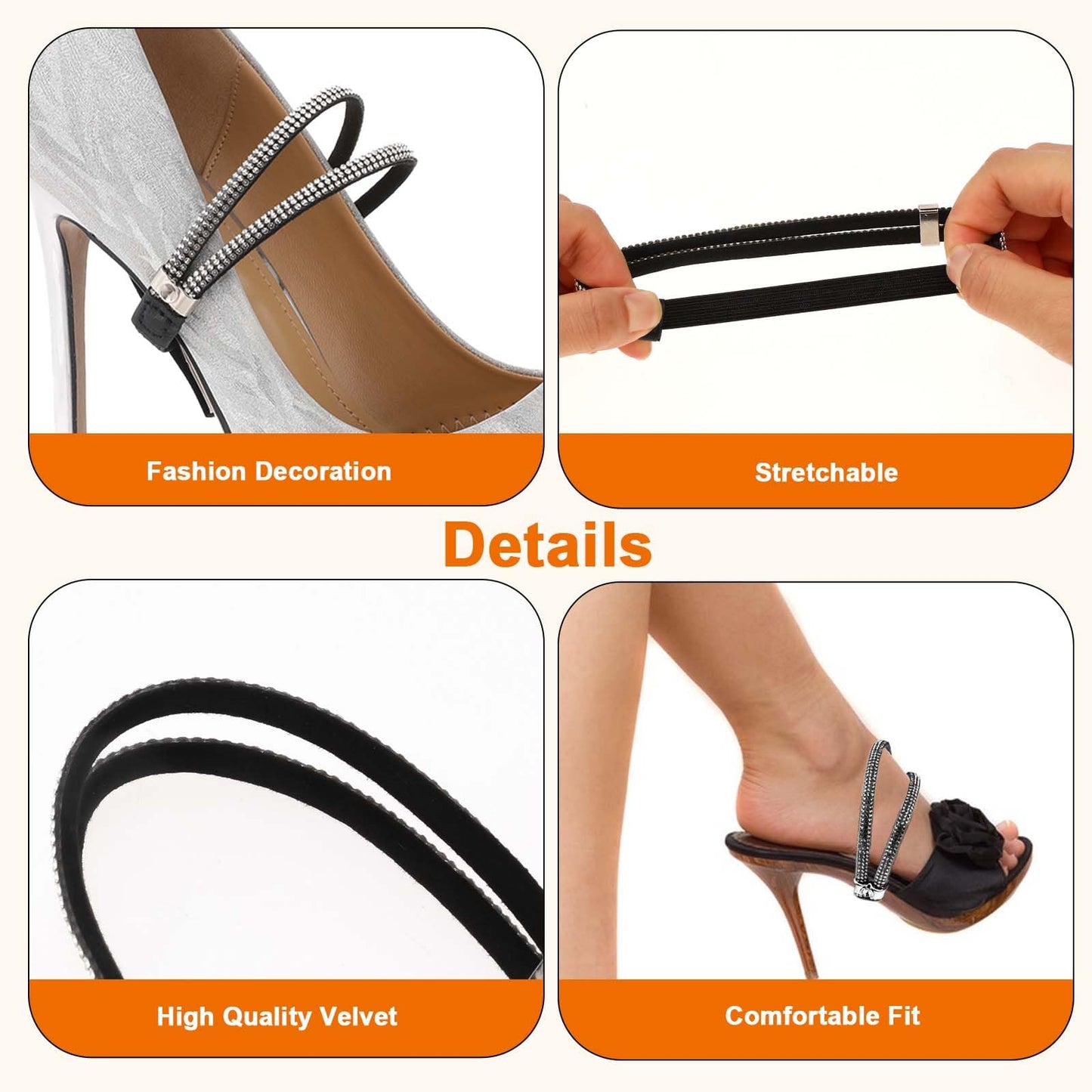 simarro 3 Pairs Shiny Shoe Laces for Heels, Detachable Shoe Strap Belt Band for Holding Loose High Heels Elastic High Heels