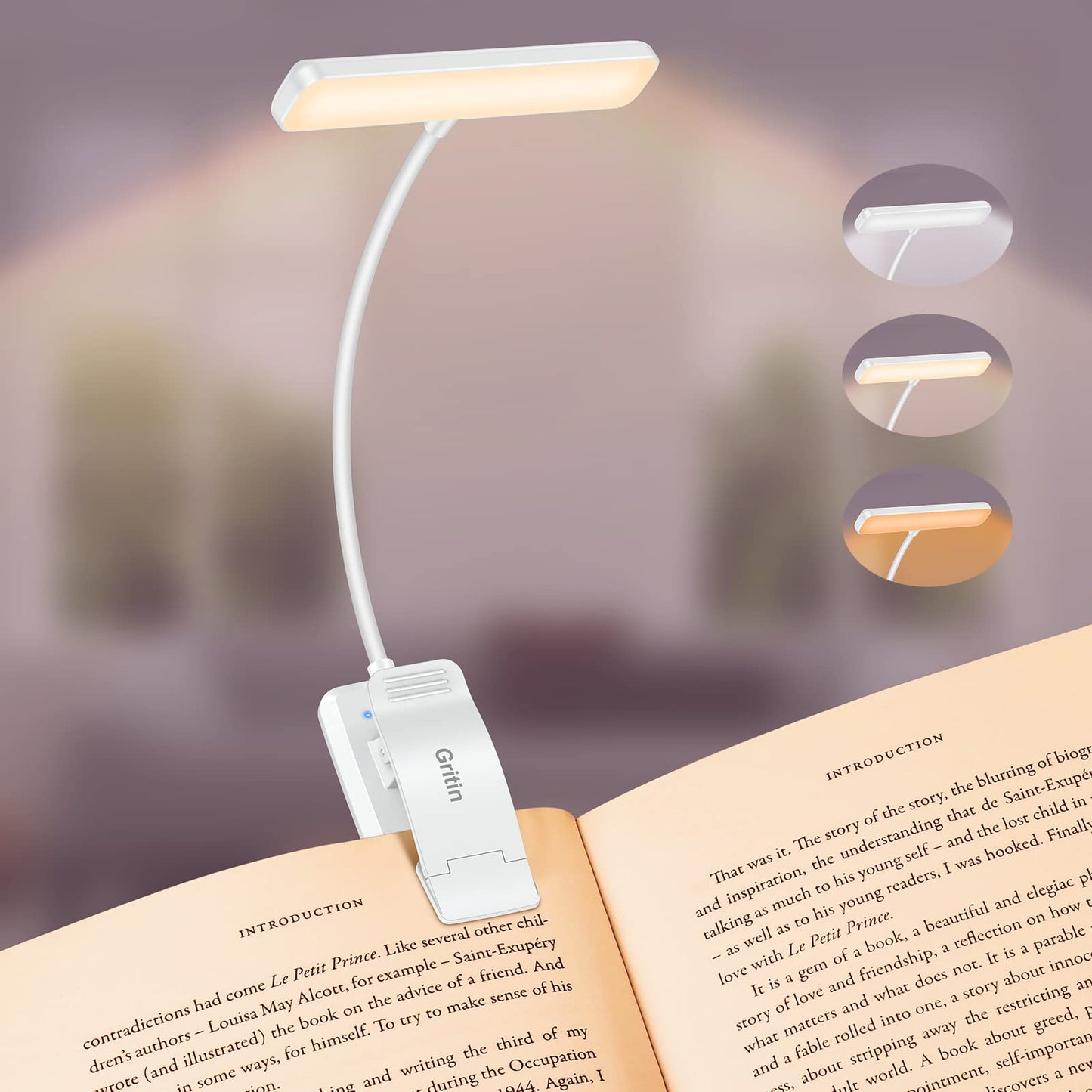 Gritin 19 LED Rechargeable Book Light for Reading in Bed with Memory Function- Eye Caring 3 Color Temperatures,Stepless Dimming Brightness,80 Hrs Runtime Lightweight Clip On Light for Book Lovers