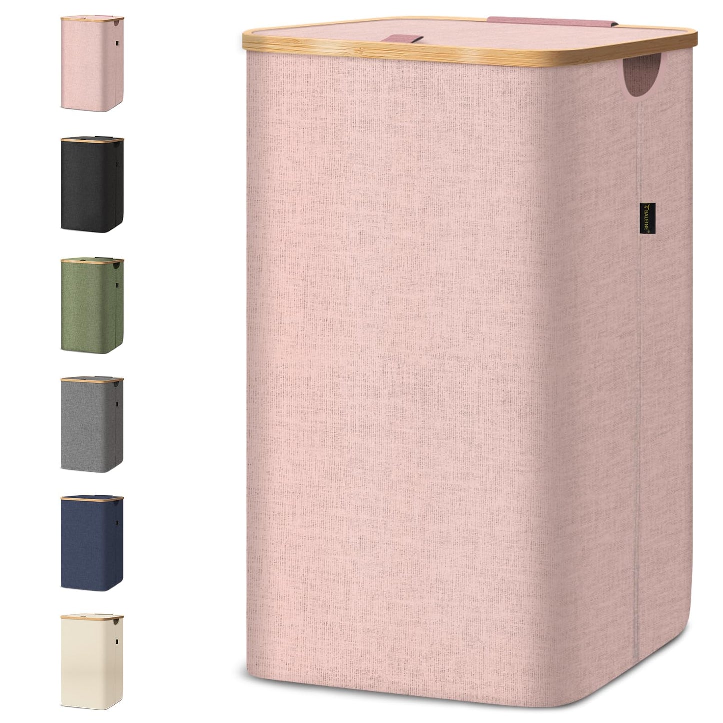 BALEINE Laundry Hamper with Lid, Tall Laundry Baskets with Bamboo Pull Handles, Large Laundry Bin with Internal Support (26 Gallon, Beige)