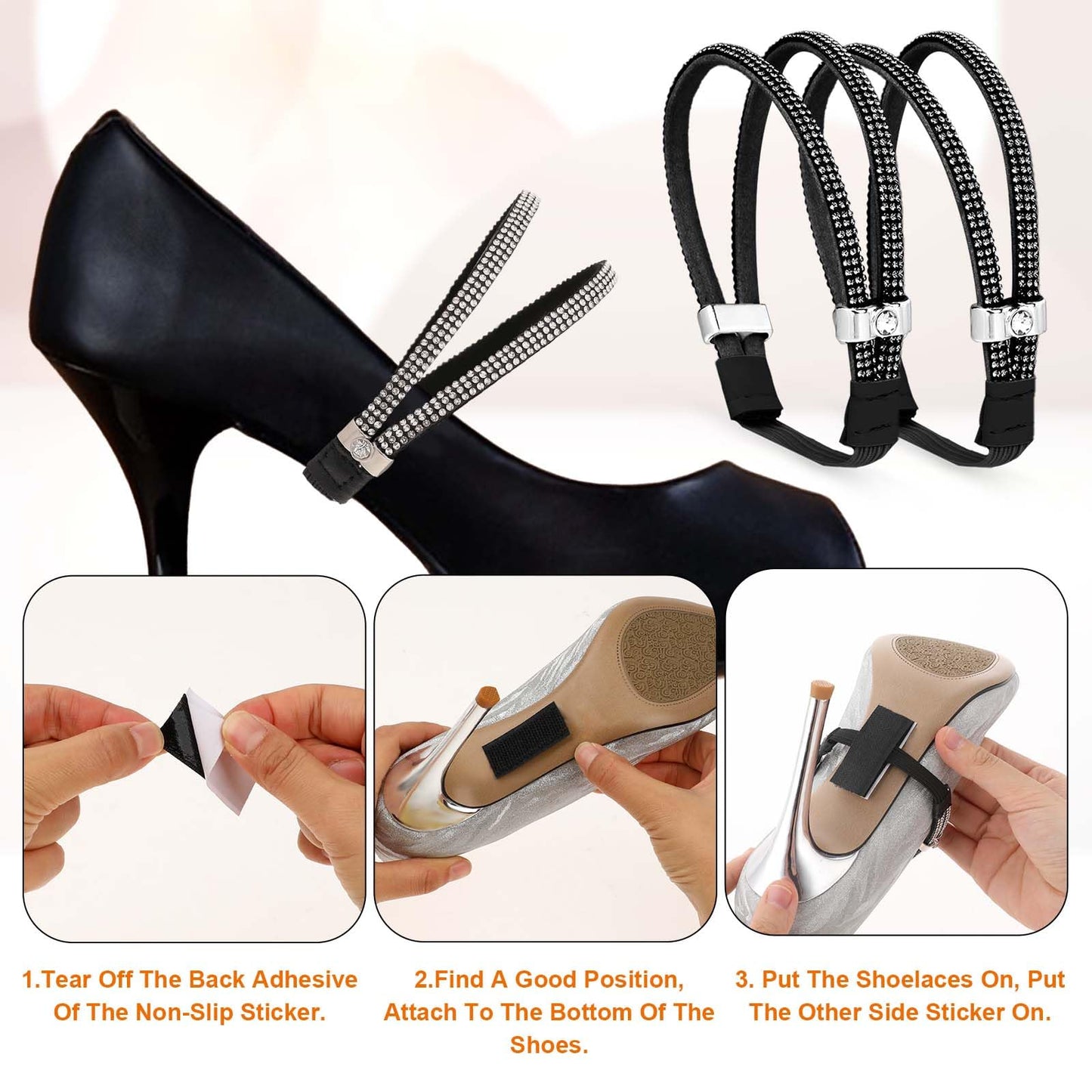 simarro 3 Pairs Shiny Shoe Laces for Heels, Detachable Shoe Strap Belt Band for Holding Loose High Heels Elastic High Heels