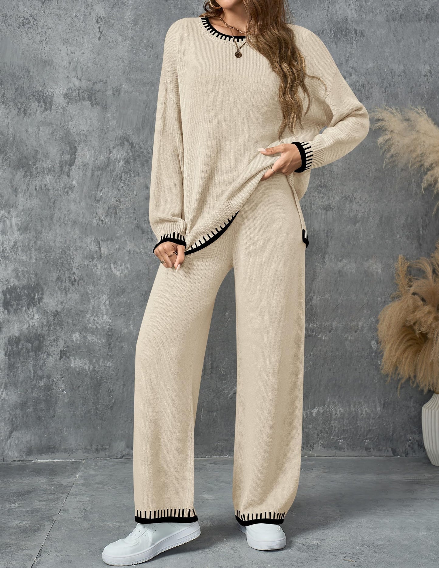 ZESICA Womens 2024 Fall 2 Piece Outfits Sweater Sets Long Sleeve Pullover Tops Wide Leg Pants Lounge Set