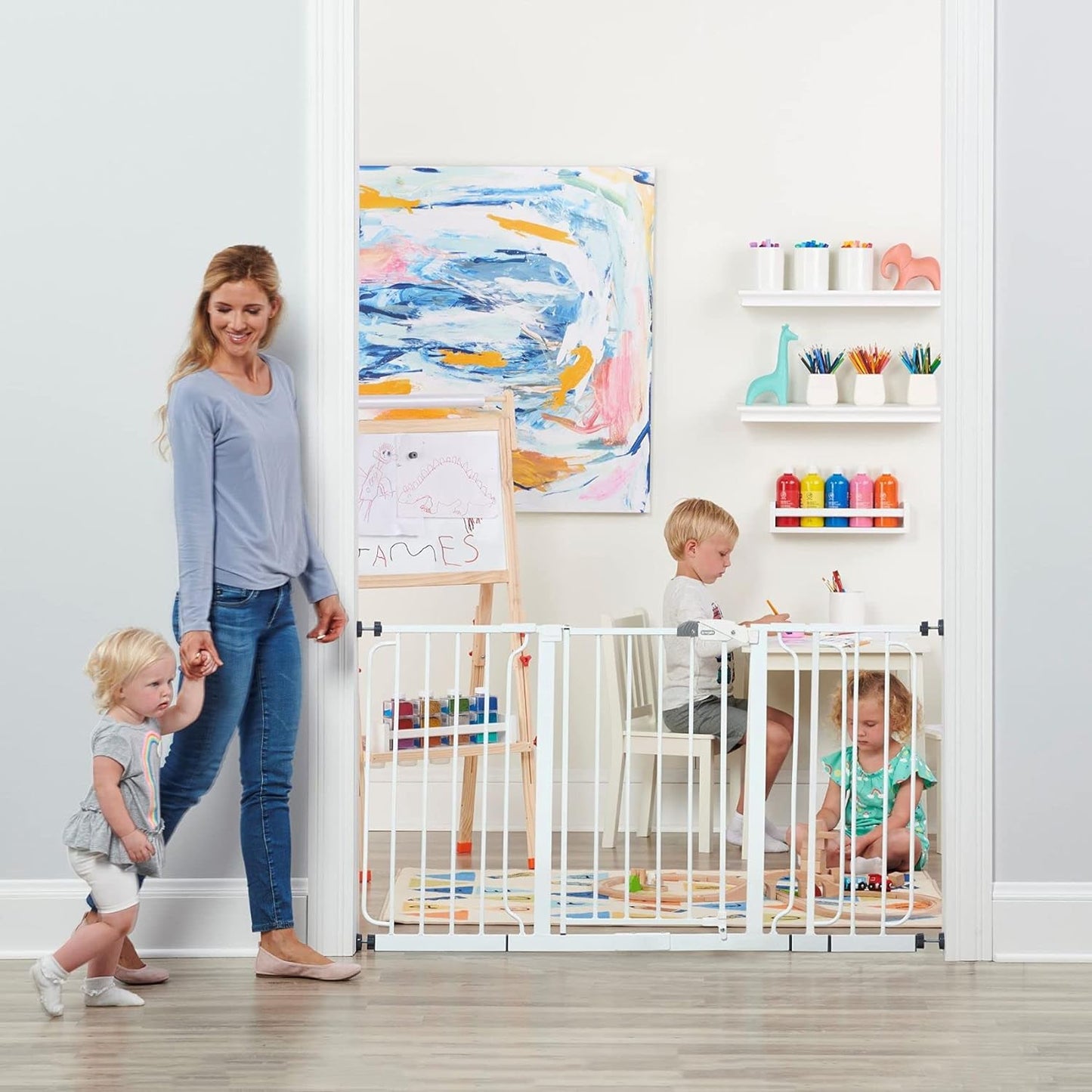 Regalo Easy Step 38.5-Inch Wide Walk Thru Baby Gate, Includes 6-Inch Extension Kit, Pressure Mount Kit, Wall Cups