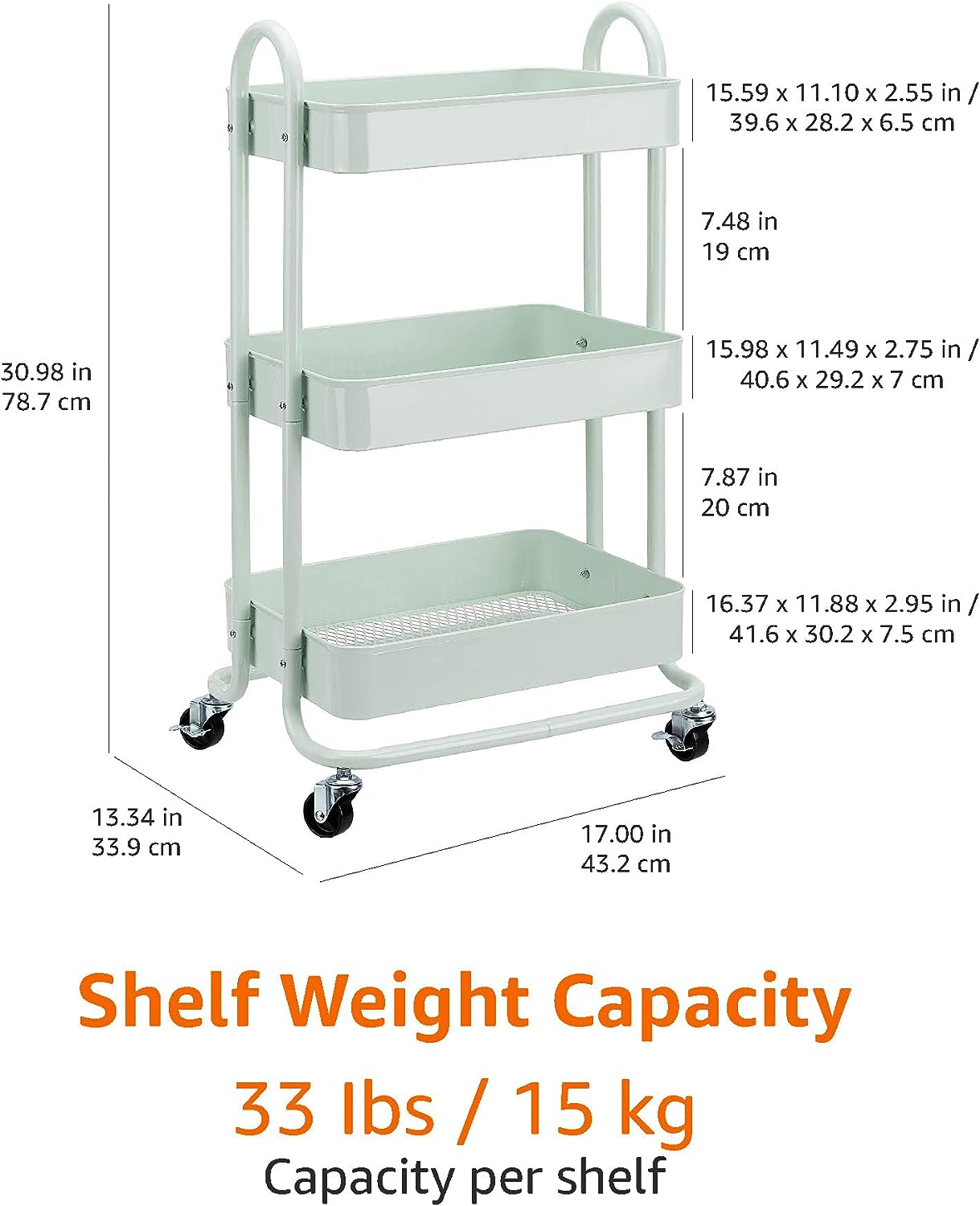 Basics 3-Tier Rolling Utility or Kitchen Cart - Mint Green